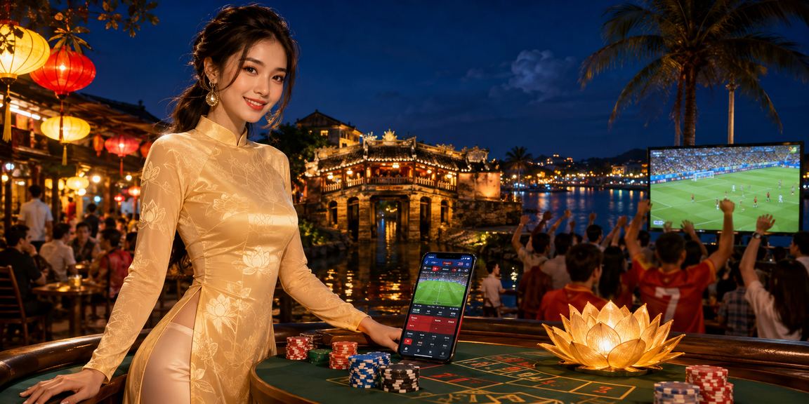 Khung cảnh Hội An với người dùng Việt đọc thông tin xổ số buổi tối