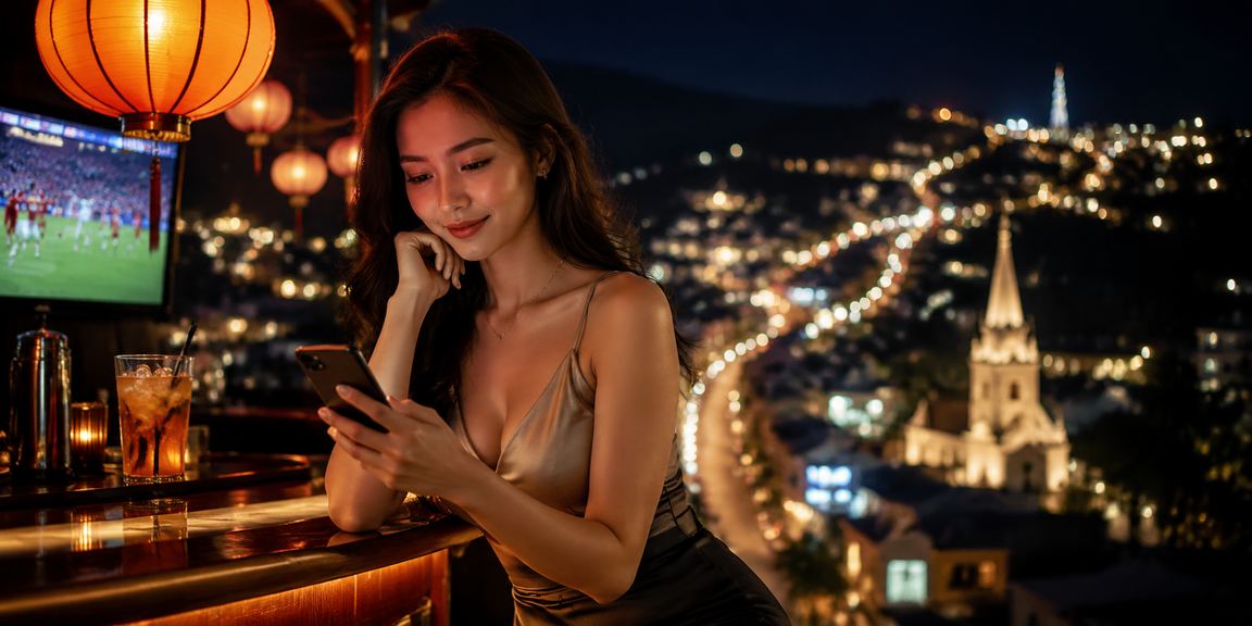 Người dùng Hội An đăng nhập tài khoản giải trí trên điện thoại dưới ánh đèn lồng