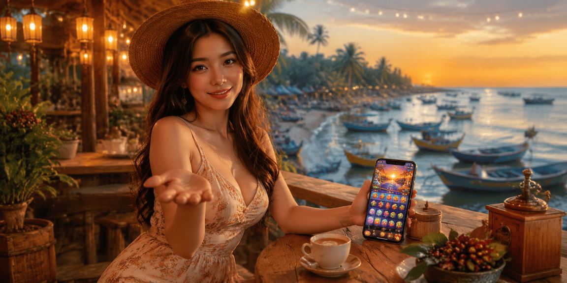 Người dùng tại Mũi Né xem câu hỏi thường gặp về casino mobile bên ly cà phê
